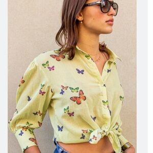 Like New Sundays Butterfly Lime Green Lightweight Airy Long Sleeve Blouse Size M